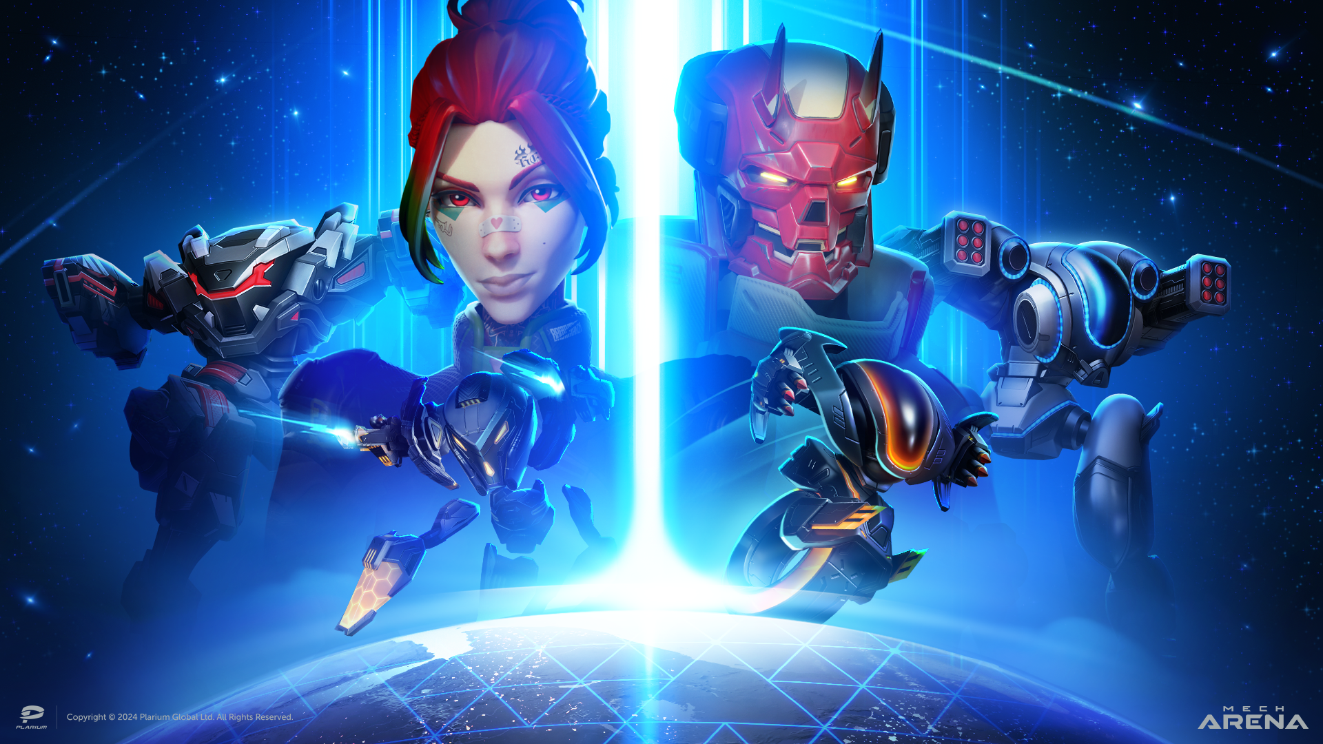 A Mech Arena wallpaper showing the Pilots Red and Asmodeus with the Mechs Panther, Surge, Killshot, and Cheetah