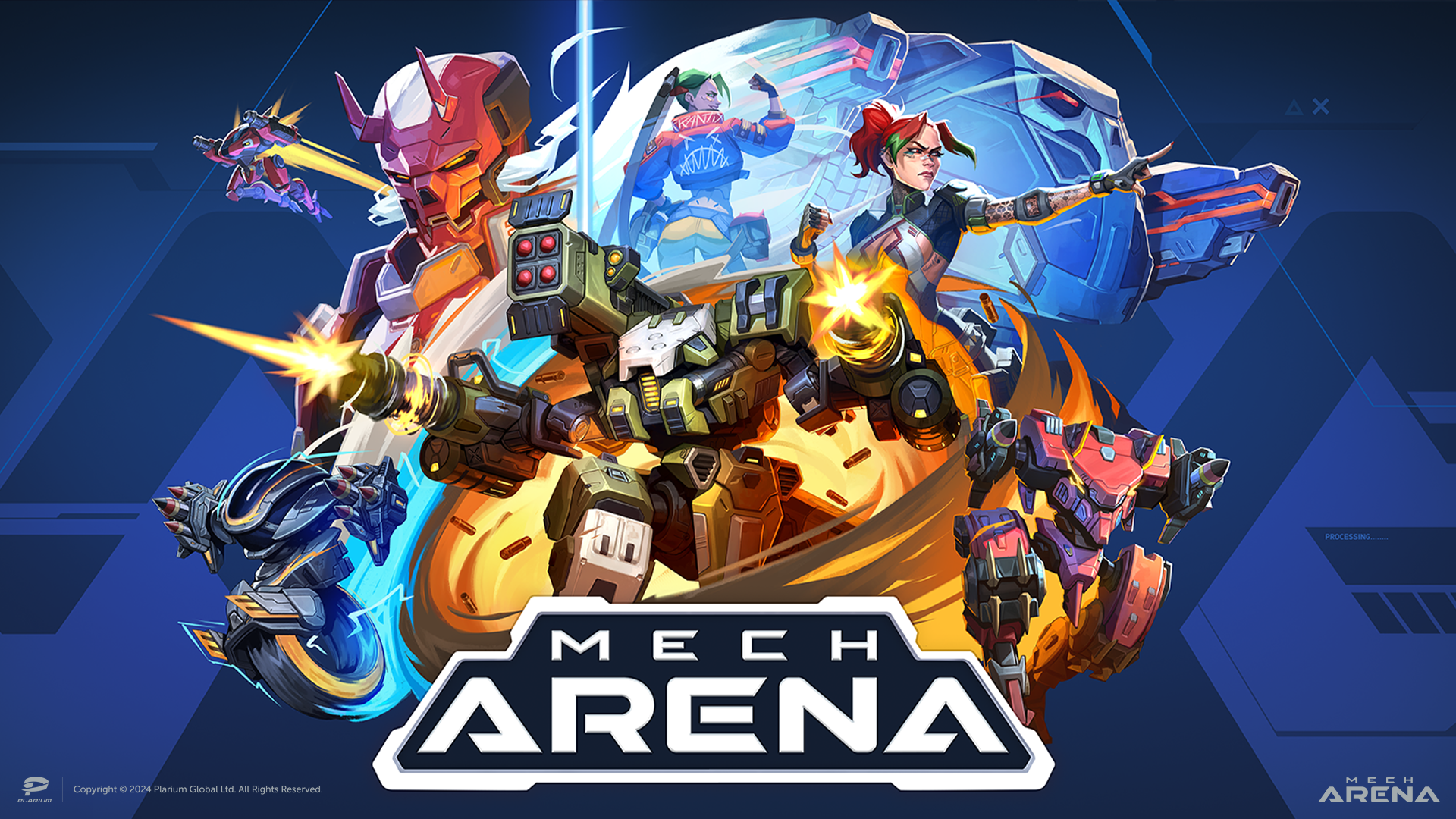 A Mech Arena wallpaper showing the Pilots Asmodeus, Neev, and Red plus the Mechs Lancer, Killshot, Onyx, Juggernaut, and Tengu, with the Mech Arena logo in front of them