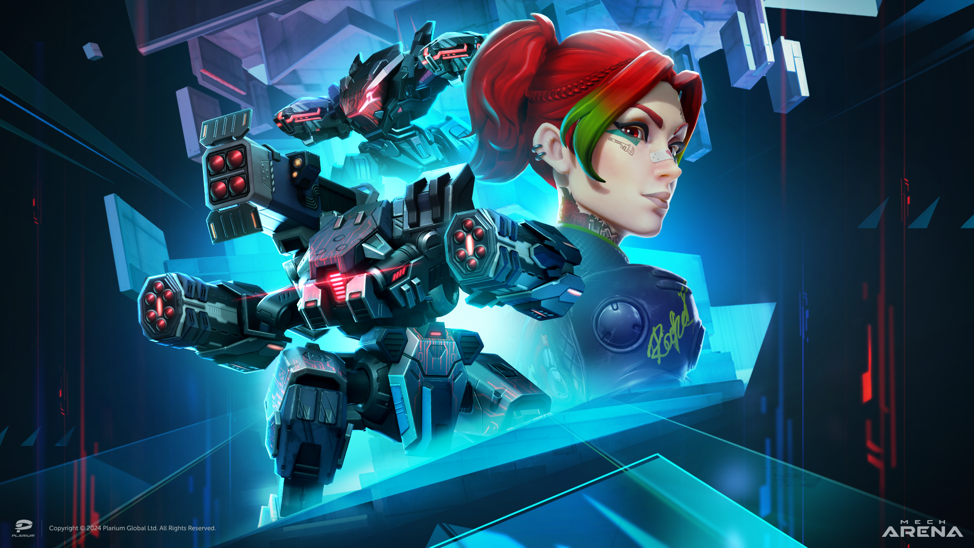 A Mech Arena wallpaper showing the Pilot Red with the Mech Onyx and Panther