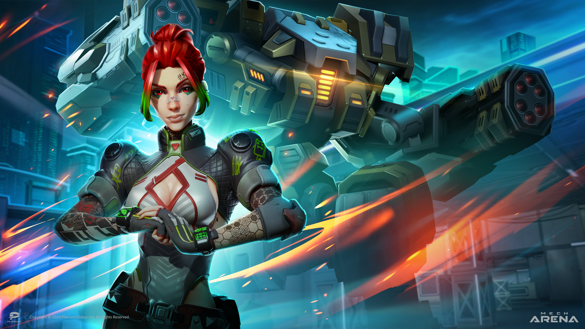 A Mech Arena wallpaper showing the Pilot Red and Onyx Mech