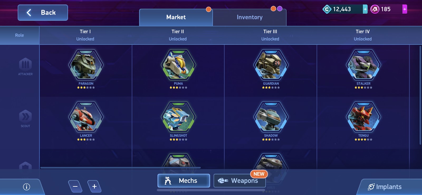 A snapshot of the first few Tiers within the Gear Hub and the Mechs available