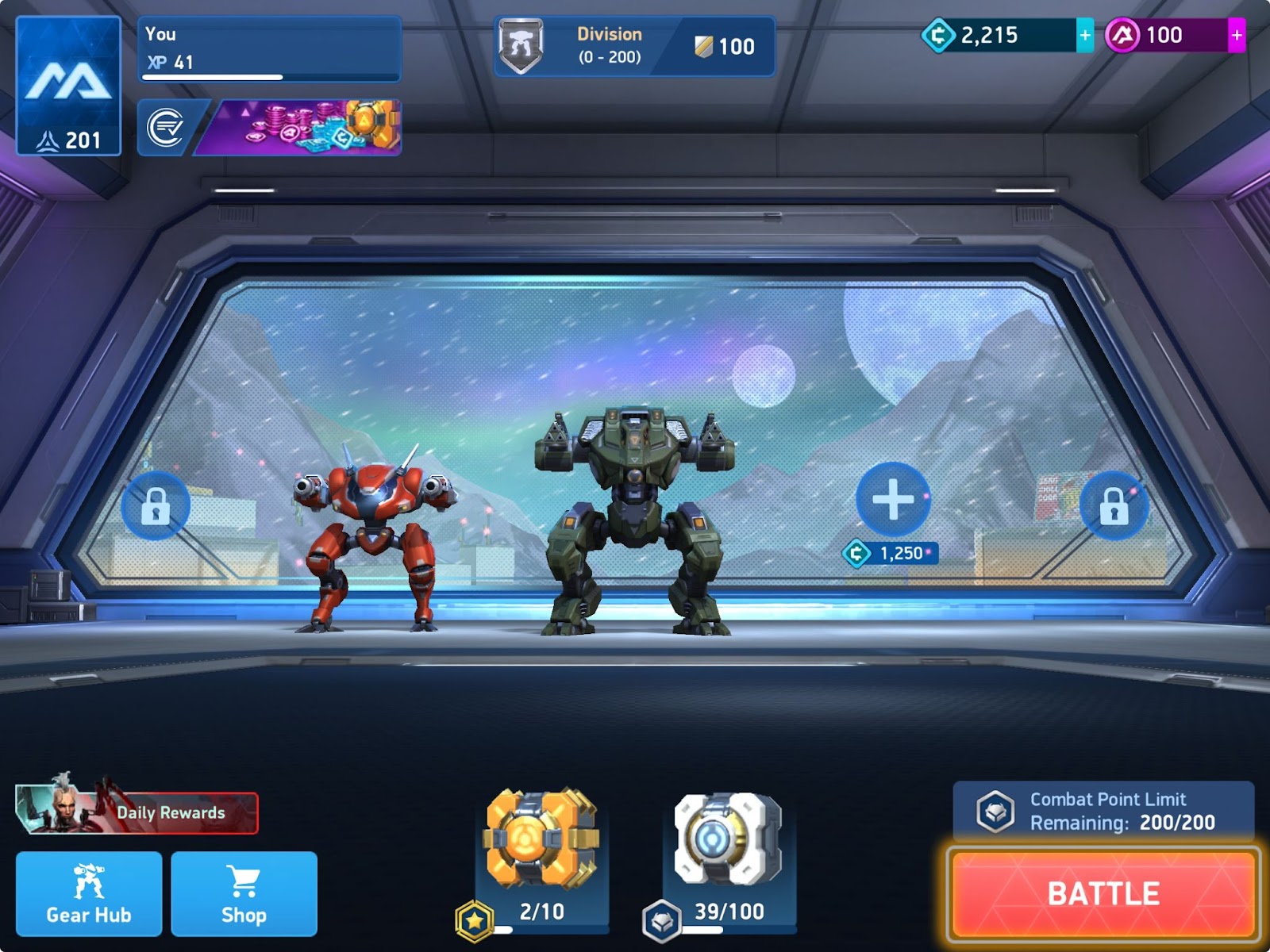 A Hangar with Paragon and Lancer in it and three empty Mech slots ready to be unlocked