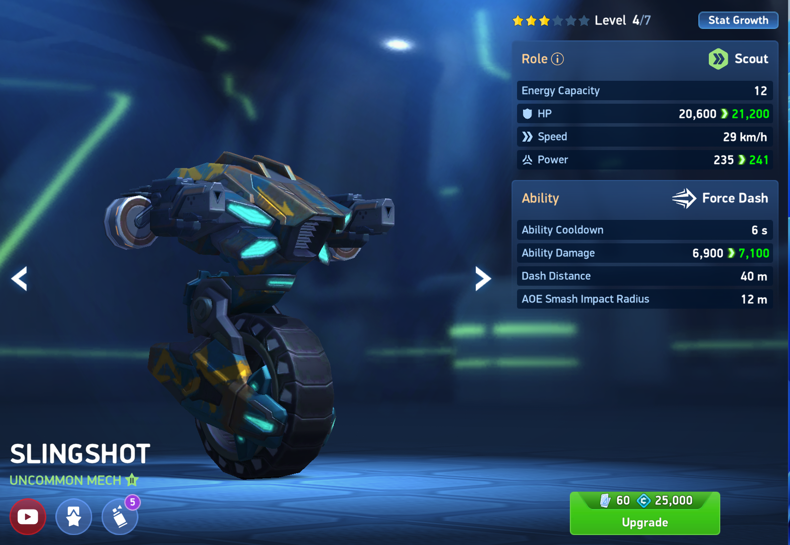 Slingshot, an Uncommon Scout Mech and a list of its Stats